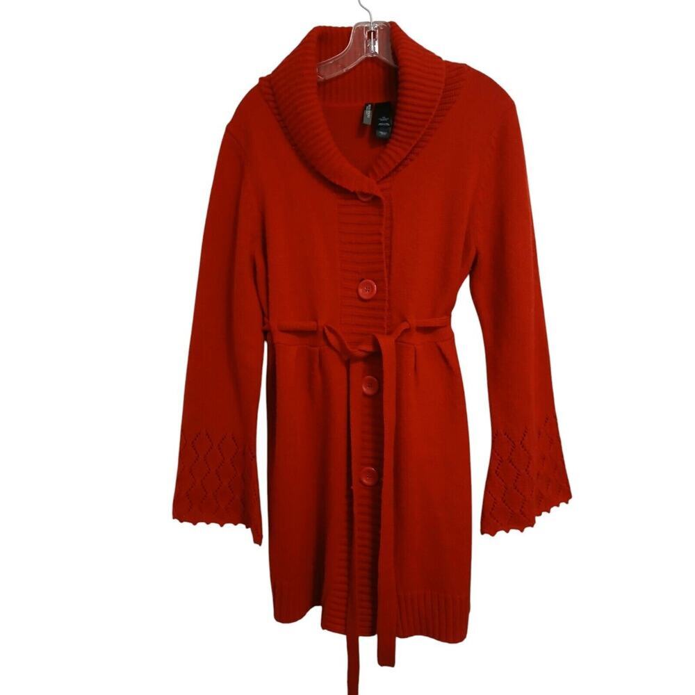 Bisou Bisou Long Cardigan Sweater Sz L‎ Red Crochet Eyelet Bell Sleeves Bohemian